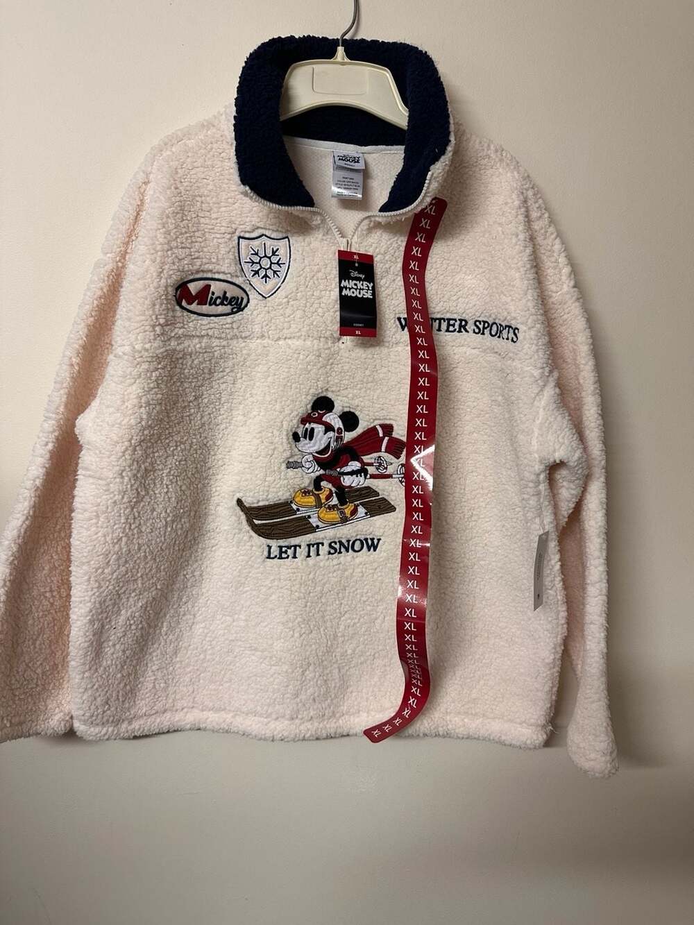Disney Mickey Mouse Let It Snow Sherpa Quarter Zip Size XL Off White